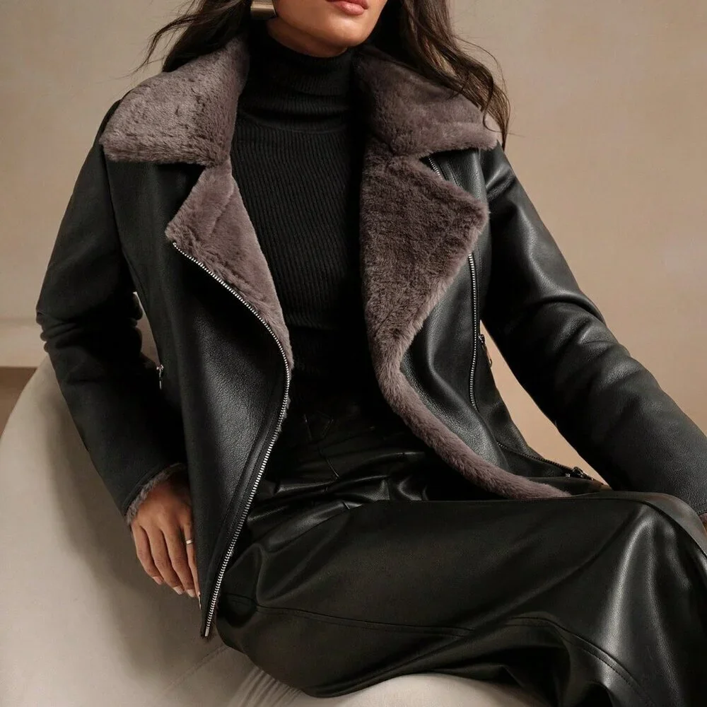 Black Casual Women's Faux Leather Composite Collar Jacket - Picture 3 of 7
